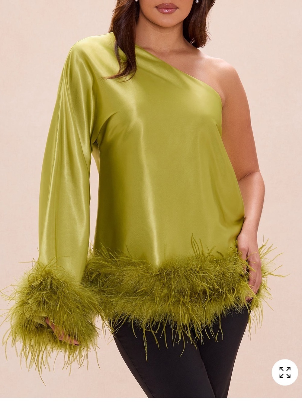 Fashion Nova One-Shoulder Lime Green Satin Feather Trim Blouse